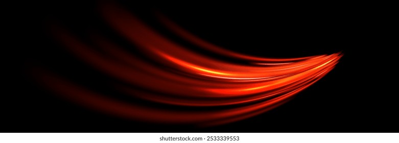 Bright red orange speed line wave.  Abstract bent stripes of dynamic motion.Speed ​​acceleration of traffic on a night road.Vector.