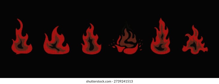 Bright red and orange vector dotted halftone gradient fire flame symbols. Abstract exploding half tone comic signs for hell concept design, explode energy decoration, campfire logo