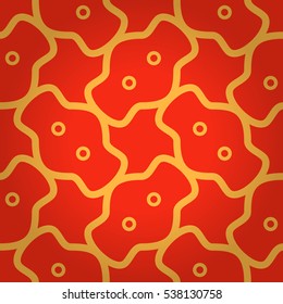 Bright red ornamental seamless pattern in sacral style. Compound mosaic repeatable backdrop. Vector background.