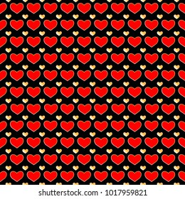 Bright red outlined gold hearts on black background. Little gold hearts between bright red hearts.