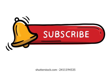 Bright Red Oval Sticker Button For Design Doodle Hand Drawn With Bell Icon And Text Subscribe