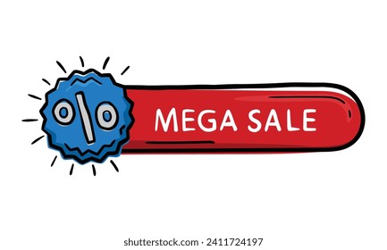 Bright Red Oval Sticker Button For Design Doodle Hand Drawn With Percentage Icon And Mega Sale Lettering