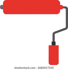 Un rodillo de pintura rojo brillante con un accesorio de mango negro se representa en un estilo de Vector plano, aislado sobre un fondo blanco puro. Esta Imagen es ideal para conceptos relacionados con la reforma del hogar y la pintura