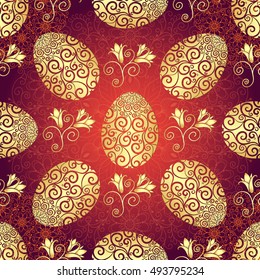 Bright red pattern with Easter golden eggs and flowers, vector EPS10