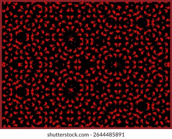 bright red patterns, leaf shapes on a solid black background. Repeating elements form circular clusters and swirling organic designs, creating a dynamic texture. - Powered by Shutterstock - Get 15% off with code: PIKWIZARD15