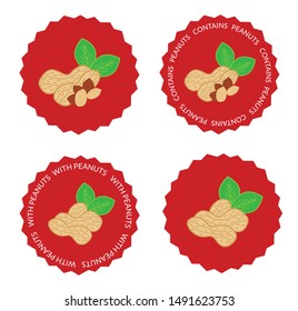 Bright red with peanuts signs, contains peanuts isolated badges. Usable for product packaging, posters, banners. Vector illustration