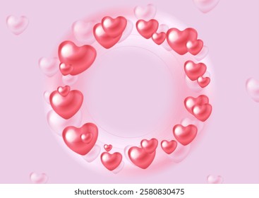 Bright red and pink shiny 3d hearts Valentines Day abstract background. Vector greeting card shiny design