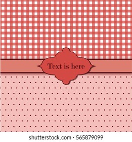 Bright red and pink template with polka dots and stripped patterns and frame in the center in vintage style. Could be used for invitations and other products.