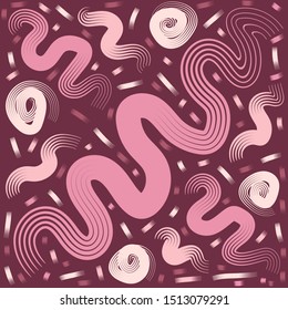 Bright red pink wavy lines circles, modern pattern background for leaflets, posters, business cards. Music, youth concerts, store sales. Print for textiles, hoodies, accessories.