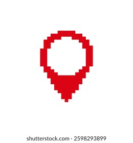 Bright red pixel art location pin icon in retro digital style, centered on a plain white canvas.