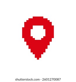 Bright red pixel art location pin symbol represents classic map marker in digital form.