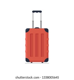 Bright red plastic travel suitcase on wheels and with telescopic handle. Business and family summer vacation luggage, journey package icon. Vector flat illustration isolated on white background.