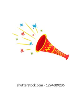 Bright red plastic trumpet. Festive Brazilian vuvuzela. Carnival noisemaker. Flat vector for promo poster or banner