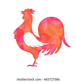 Bright red polygon illustration of a rooster isolated on white background. Happy Chinese New Year cards. Perfect for decoration designs festive banners, postcards, posters. Vector illustration.