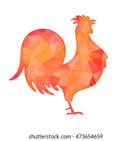 Bright red polygon illustration of a rooster isolated on white background. Happy Chinese New Year cards. Perfect for decoration designs festive banners, postcards, posters. Vector illustration.