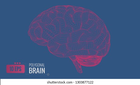 Bright red polygonal wireframe brain isolated on deep blue background