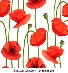 Bright red Poppies Seamless pattern. flowers, pods, Stems. Wallpaper picture. Remembrance Day. For aromatherapy, wrapping, postcards, packaging cards perfumery cosmetics flowers frame template web