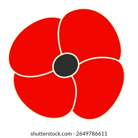 Bright red poppy flower icon with simple geometric design on white background. Clipart image isolated on background.