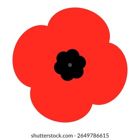 Bright red poppy flower icon with black center on white background. Clipart image isolated on background.