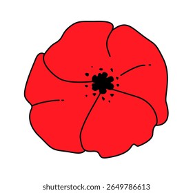 Bright red poppy flower illustration with simple black line details. Clipart image isolated on background.