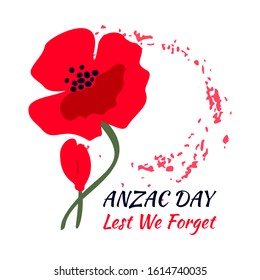 A bright red poppy flower. International Day of Remembrance concept. Anzac day symbol. Lest we forget text. Isolated on white background. Vector illustration.