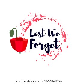 A bright red poppy flower. International Day of Remembrance concept. Anzac day symbol. Lest we forget text. Isolated on white background. Vector illustration.