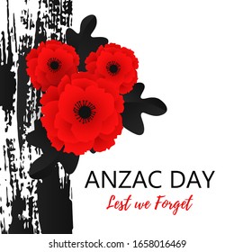 A bright red poppy flower. Remembrance day symbol. Lest we forget lettering. Anzac day text on hand drawing ink of paint.  Vector Illustration