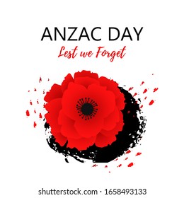 A bright red poppy flower. Remembrance day symbol. Lest we forget lettering. Anzac day text on hand drawing ink of paint.  Vector Illustration