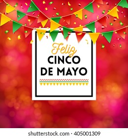 Bright red poster elements for Cinco de Mayo celebration over obscured spotted background with flags