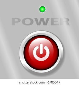 A bright red power on button on a metal background, with a gree LED light.