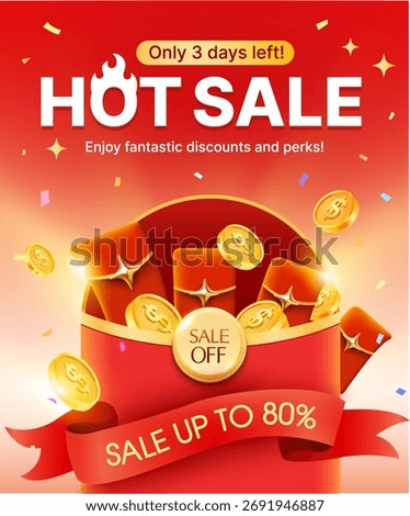 A bright red promotional poster vector for a Hot Sale event offering up to 80% discounts, with gold coins, gift envelopes, and festive confetti. 3d vector illustration