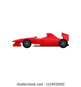 Bright red racing car. Super fast sports automobile. Isolated flat vector element for poster, mobile or computer game