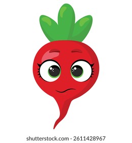 Bright red radish character with a cute expression and green leaves Perfect for healthy food projects, gardening designs, menus and children’s activities