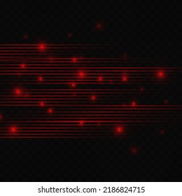Bright red rays of light, lines with dust and sparks on a transparent background. Film texture background with light translucence