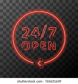 Bright red realistic neon around the clock sign, 24 hours 7 days open