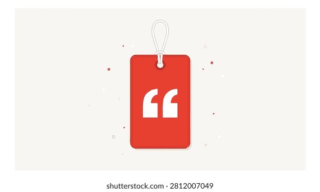 Bright red rectangular tag with a quotation mark icon on a plain white background suitable for branding labels and visual cues