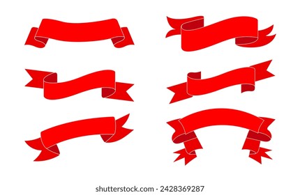 Bright red ribbon icon set. Text banner sign set. Decorative ribbon icon vintage flag, graphic sale badge. Simple red ribbon symbol isolated. Vector illustration