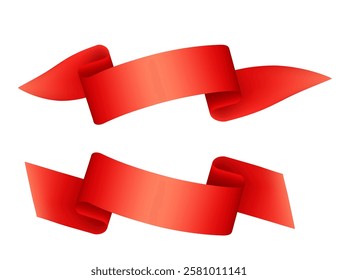 Bright red ribbons in realistic 3d style. Element design, set of two. Template for emblem or logotype. Vector illustration isolated on white background
