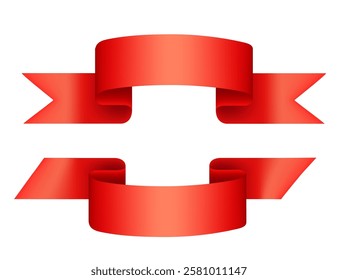 Bright red ribbons in realistic 3d style. Element design, set of two. Template for emblem or logotype. Vector illustration isolated on white background