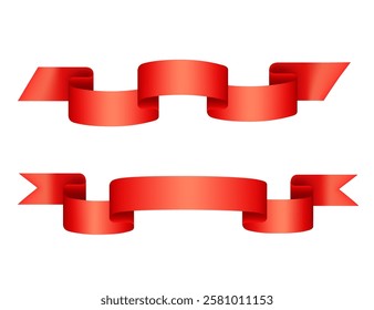 Bright red ribbons in realistic 3d style. Element design, set of two. Template for emblem or logotype. Vector illustration isolated on white background