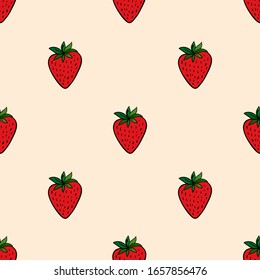 Bright red ripe strawberries on calm yellow background. Seamless summer fresh pattern. Good for packaging, textile.