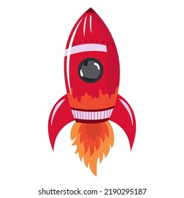 bright red rocket. A children's rocket with fire is flying. Vector illustration