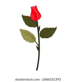 Rosa roja brillante. Brote en un tallo ligeramente inclinado. Ilustración vectorial aislada sobre fondo blanco.