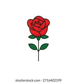 Ícone de vetor de flor de rosa vermelha brilhante com contornos limpos, cores planas, ideal para projetos românticos.