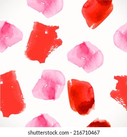 Bright red and rose watercolor stains. Seamless pattern on a white. Vector abstract background with paint strokes and splashes