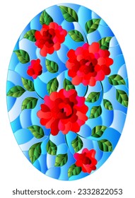 bright red roses on a blue sky background, oval image