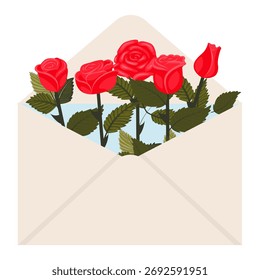 Rosas vermelhas brilhantes em um envelope postal. Ilustração vetorial em um fundo branco.