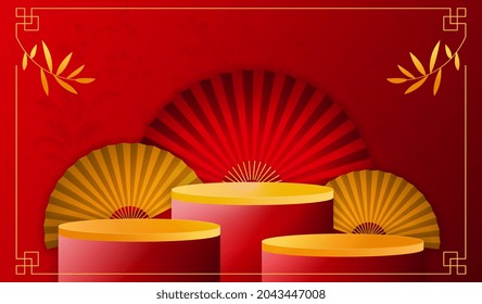 El estadio rojo brillante del podio y el papel rojo del año nuevo chino de arte cortados. Concepto de elementos asiáticos con estilo de publicidad de marca artística. Ilustración vectorial de dibujos animados planos