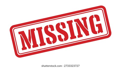 A bright red rubber stamp boldly declares 'missing' with strong visual emphasis.