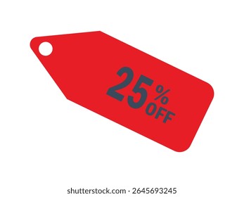 Uma etiqueta de venda vermelha brilhante é exibida sobre um fundo branco. A tag possui um orifício no canto superior esquerdo e exibe com destaque '25% OFF' em uma fonte cinza escuro.